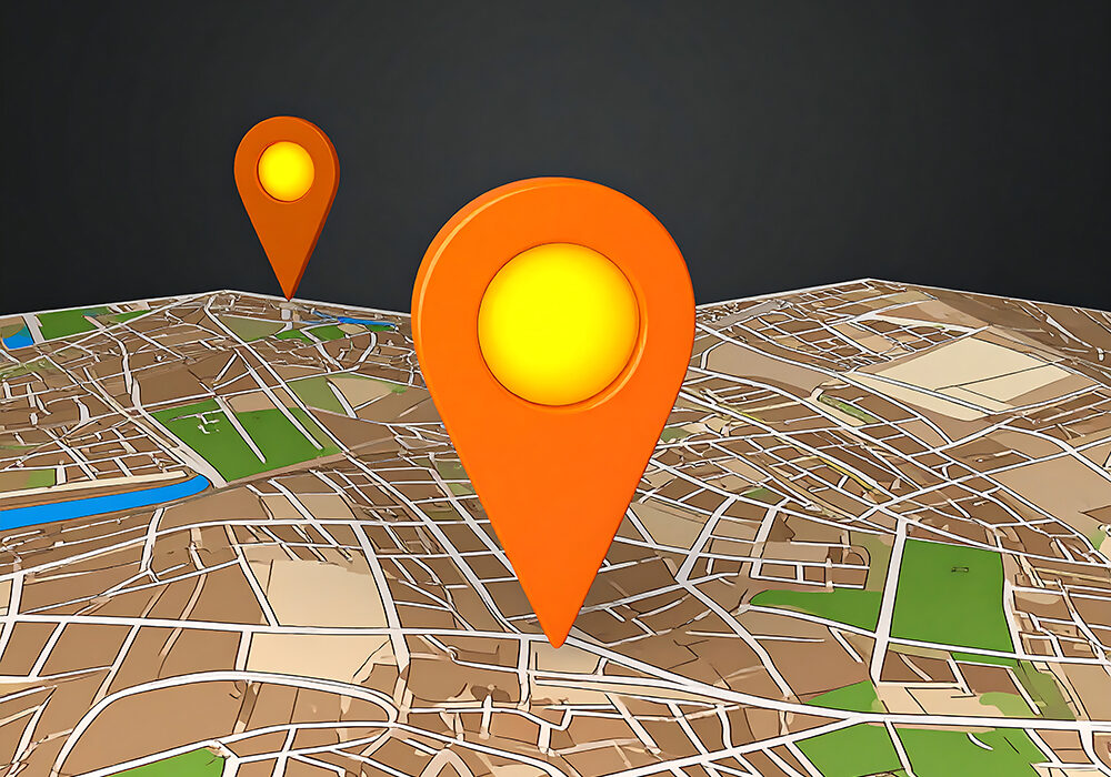 Two orange map markers on city map